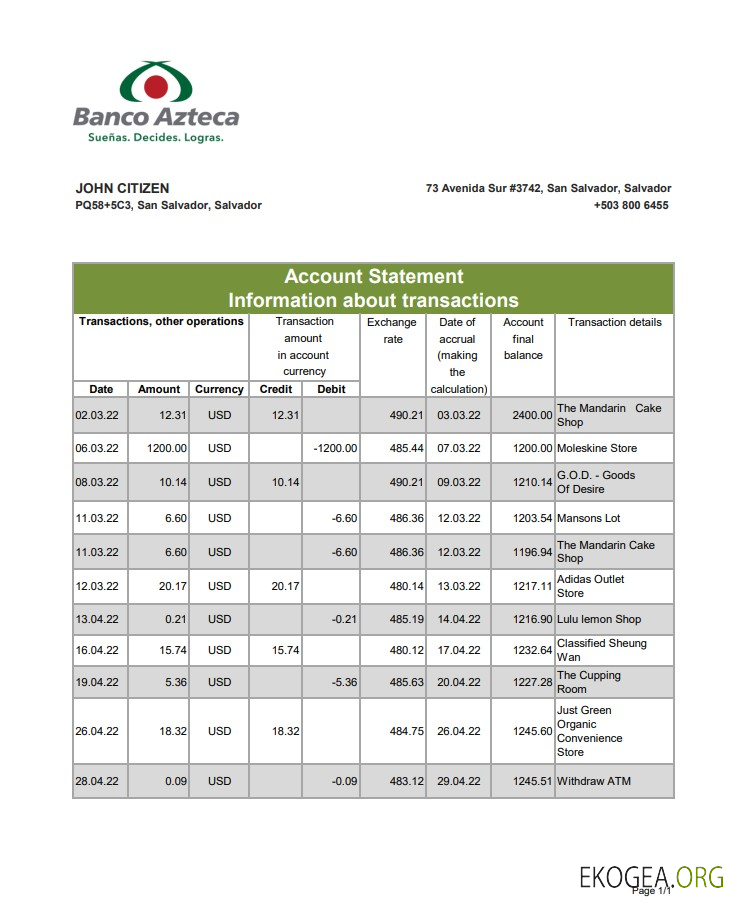 Relevé bancaire Salvador Banco Azteca xls